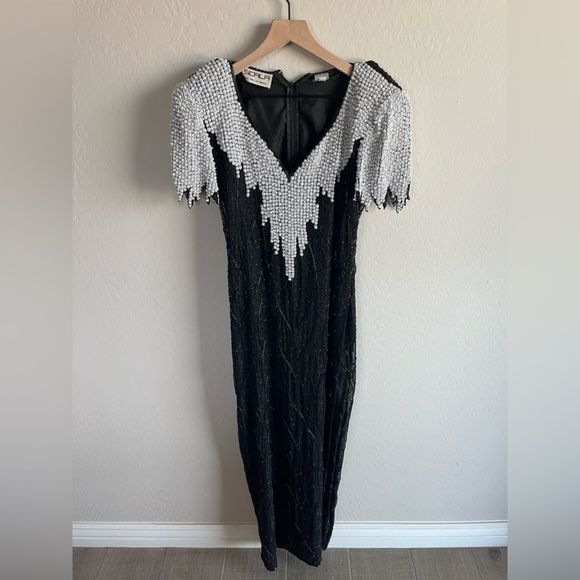 SCALA Vintage Beaded Black And White Long Silk Gown Dress Size M - Picture 2 of 8